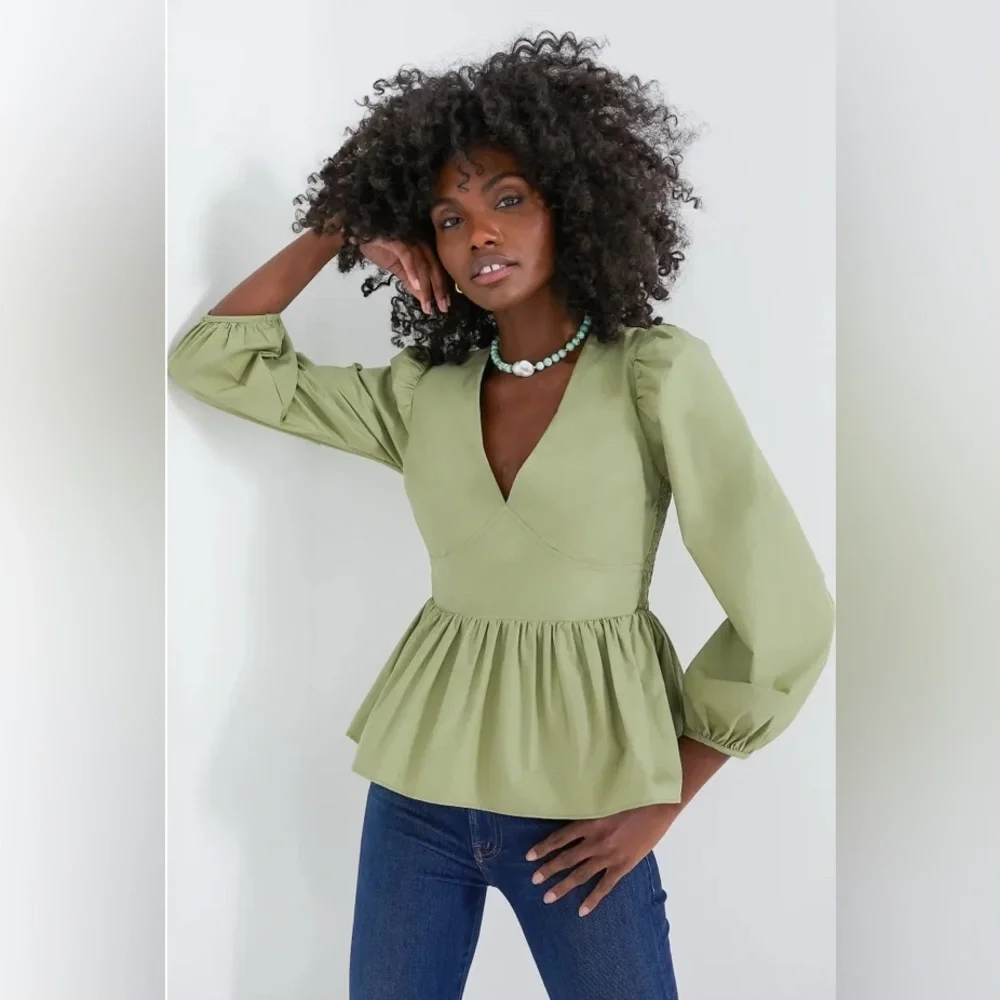 Tuckernuck Olive Green Peplum V-Neck Blouse